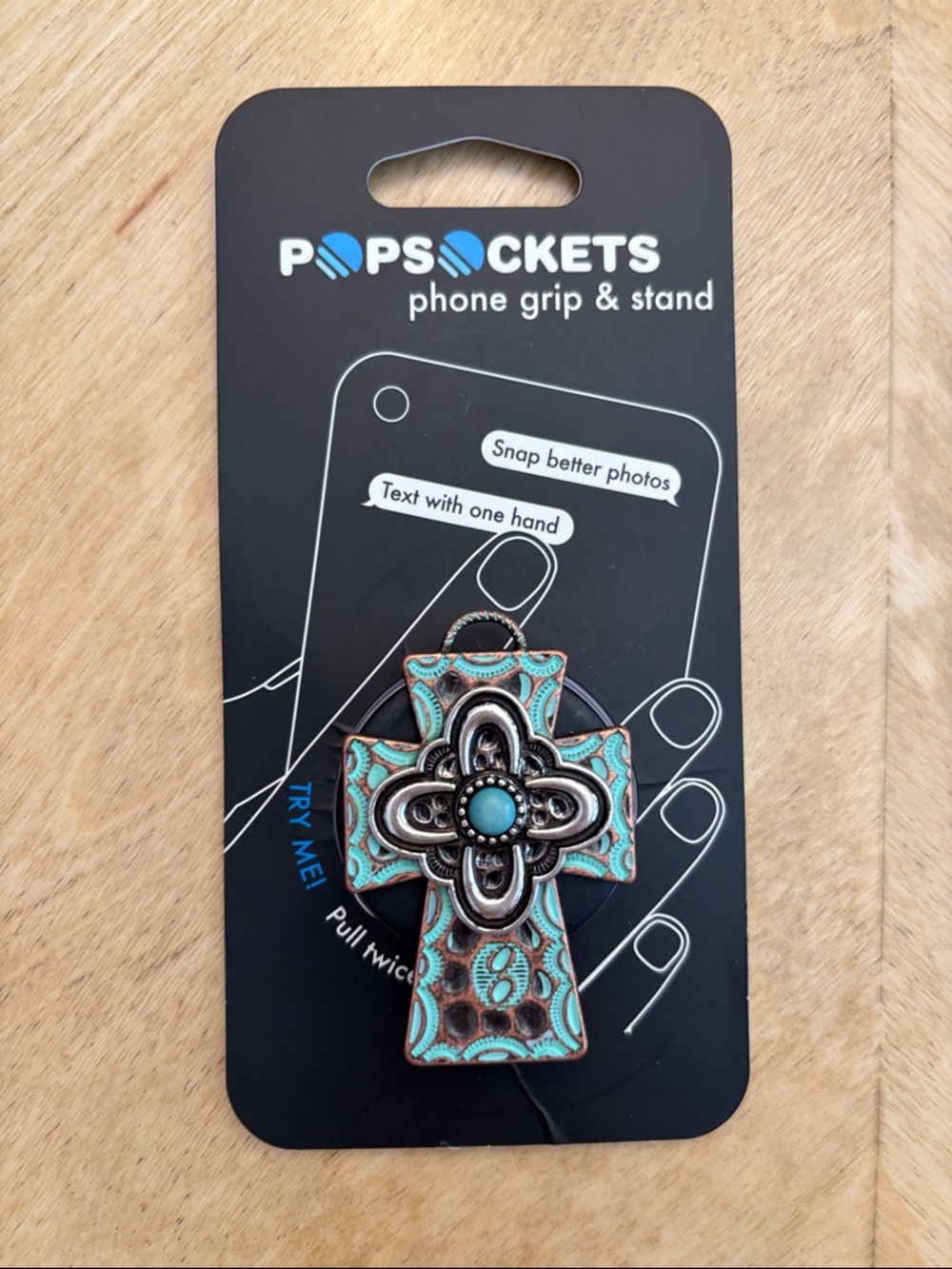 New custom PopSockets phone grip & stand with turquoise and silver color cross